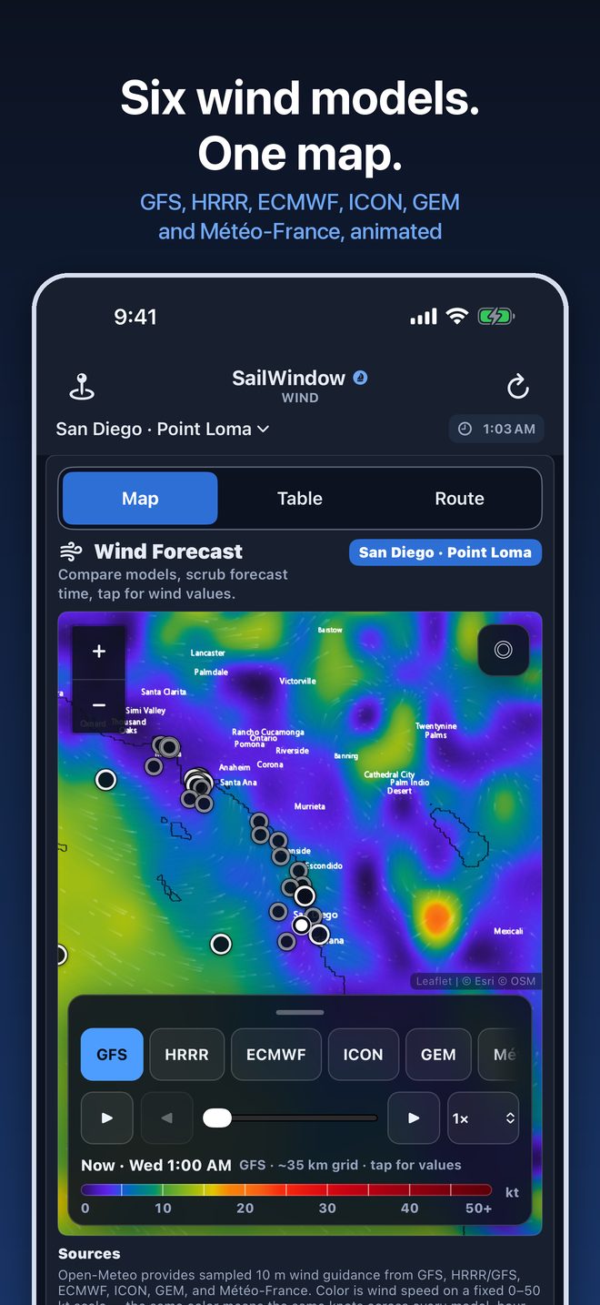 Animated wind map comparing six forecast models off San Diego